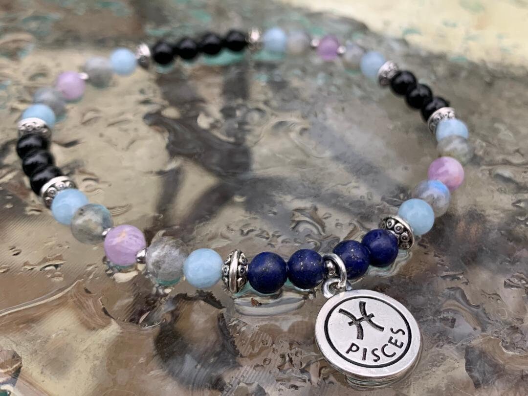 Pisces Energy - Zodiac Horoscope "The Compassionate Pisces" February March Birthday - Quality Gemstones - Crystal Healing Astrology Anklet