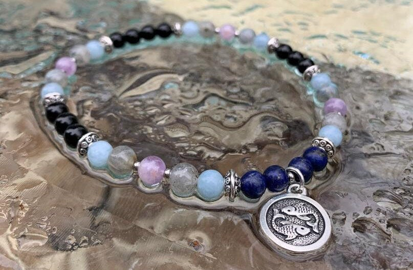 Pisces Energy - Zodiac Horoscope "The Compassionate Pisces" February March Birthday - Quality Gemstones - Crystal Healing Astrology Anklet