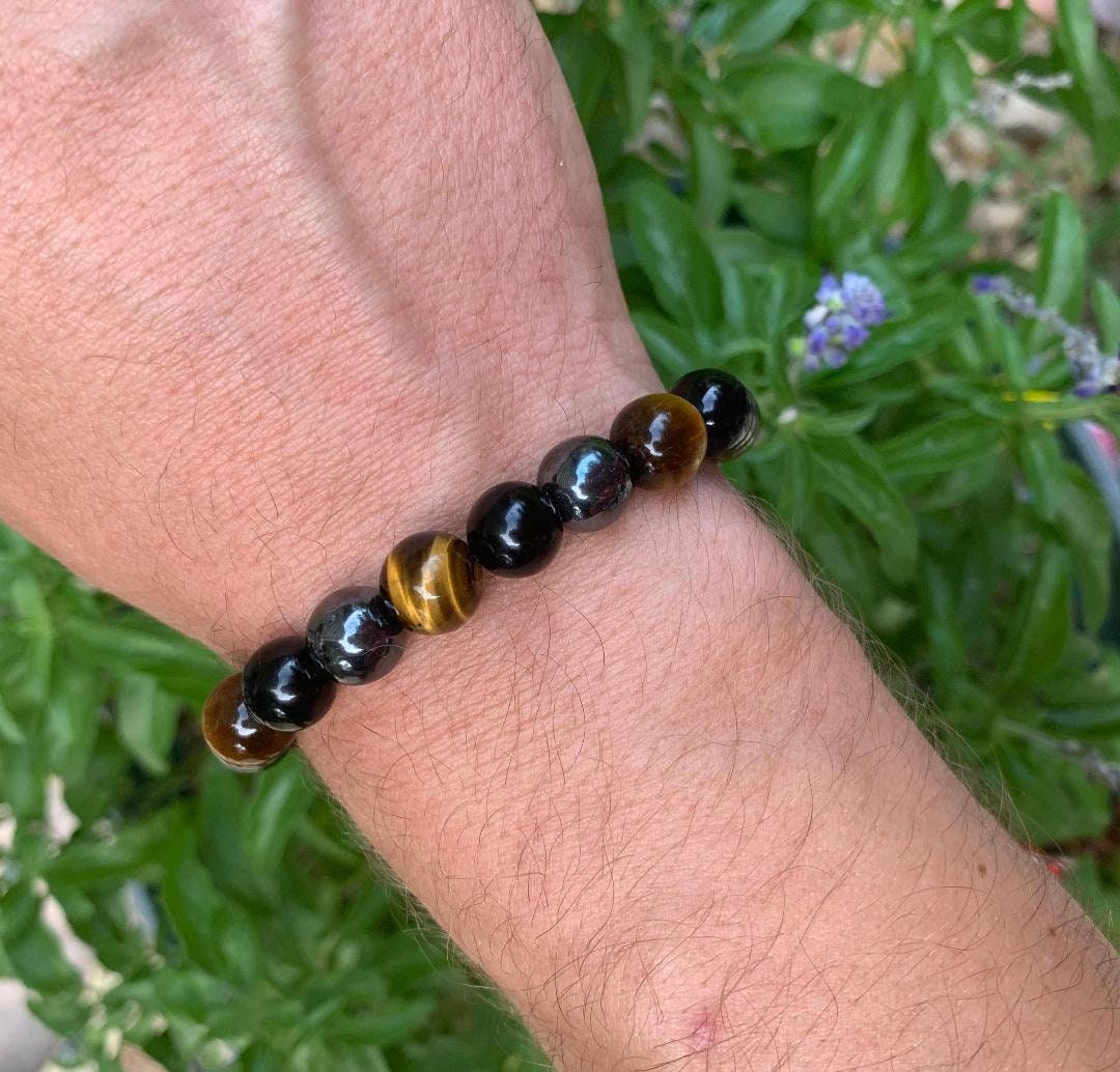 MENS 10MM Protection Bracelet - Strength - Courage " Triple Threat " Aura Shield - Confidence - Anxiety Relief  - Crystal Healing Gemstones