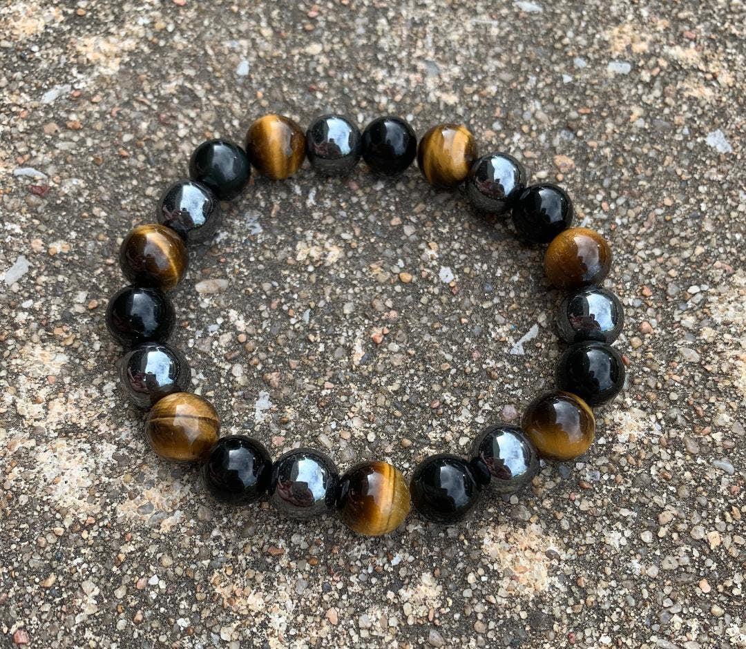 MENS 10MM Protection Bracelet - Strength - Courage " Triple Threat " Aura Shield - Confidence - Anxiety Relief  - Crystal Healing Gemstones