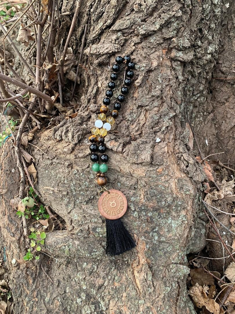 Taurus Energy Car Charm - Zodiac Horoscope " The Determined Taurus " April May Birthday - Crystal Healing Rear View Mirror Mala Ornament