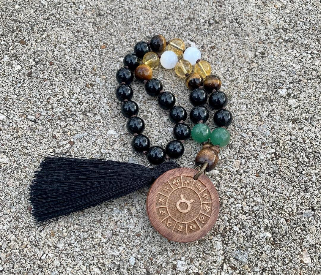 Taurus Energy Car Charm - Zodiac Horoscope " The Determined Taurus " April May Birthday - Crystal Healing Rear View Mirror Mala Ornament
