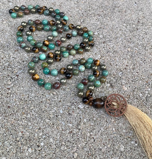 Self Love & Empowerment 108 Mala  " Dragon Heart " Strength and Resilience - Jade - Tigers Eye - Pyrite - Crystal Healing Gemstone Necklace
