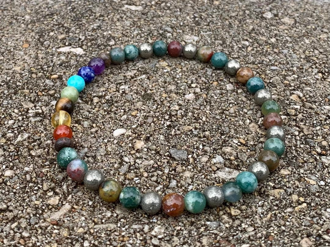 Stress Relief & Focus Anklet - Chakra Energy Balance - Protection and Grounding - Crystal Healing Gemstones - Moss Agate - Pyrite - Bronzite