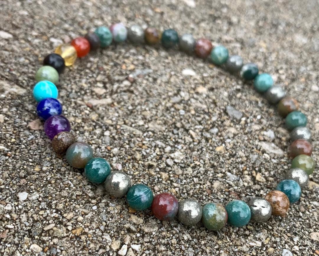 Stress Relief & Focus Anklet - Chakra Energy Balance - Protection and Grounding - Crystal Healing Gemstones - Moss Agate - Pyrite - Bronzite