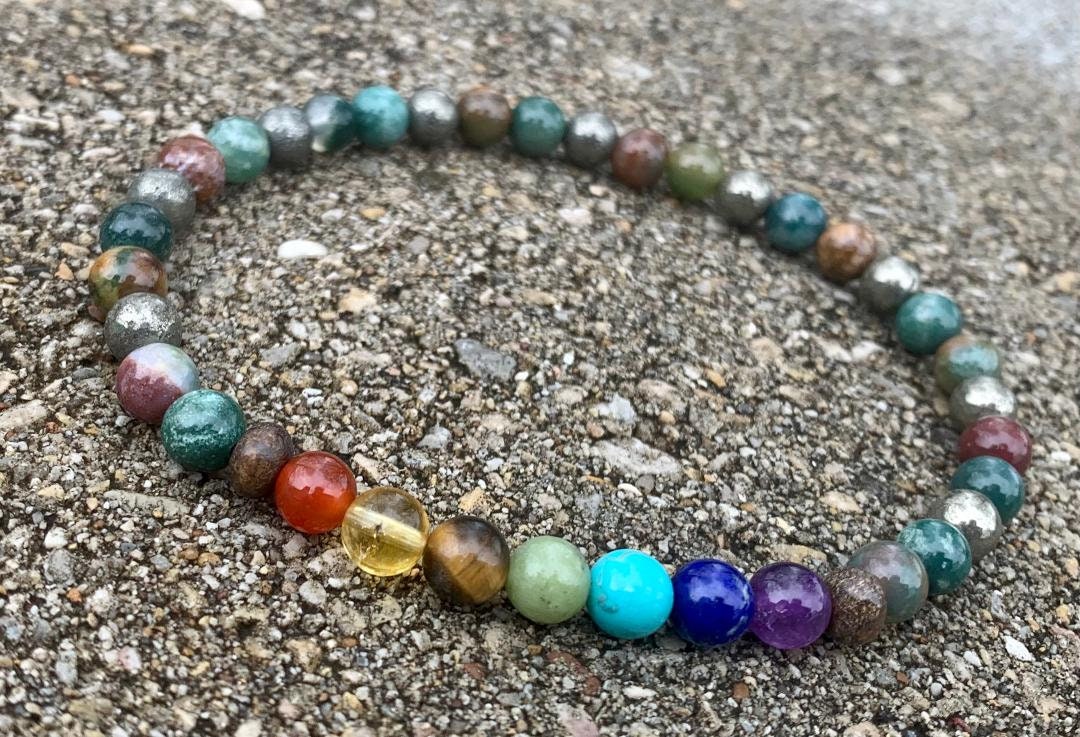 Stress Relief & Focus Anklet - Chakra Energy Balance - Protection and Grounding - Crystal Healing Gemstones - Moss Agate - Pyrite - Bronzite