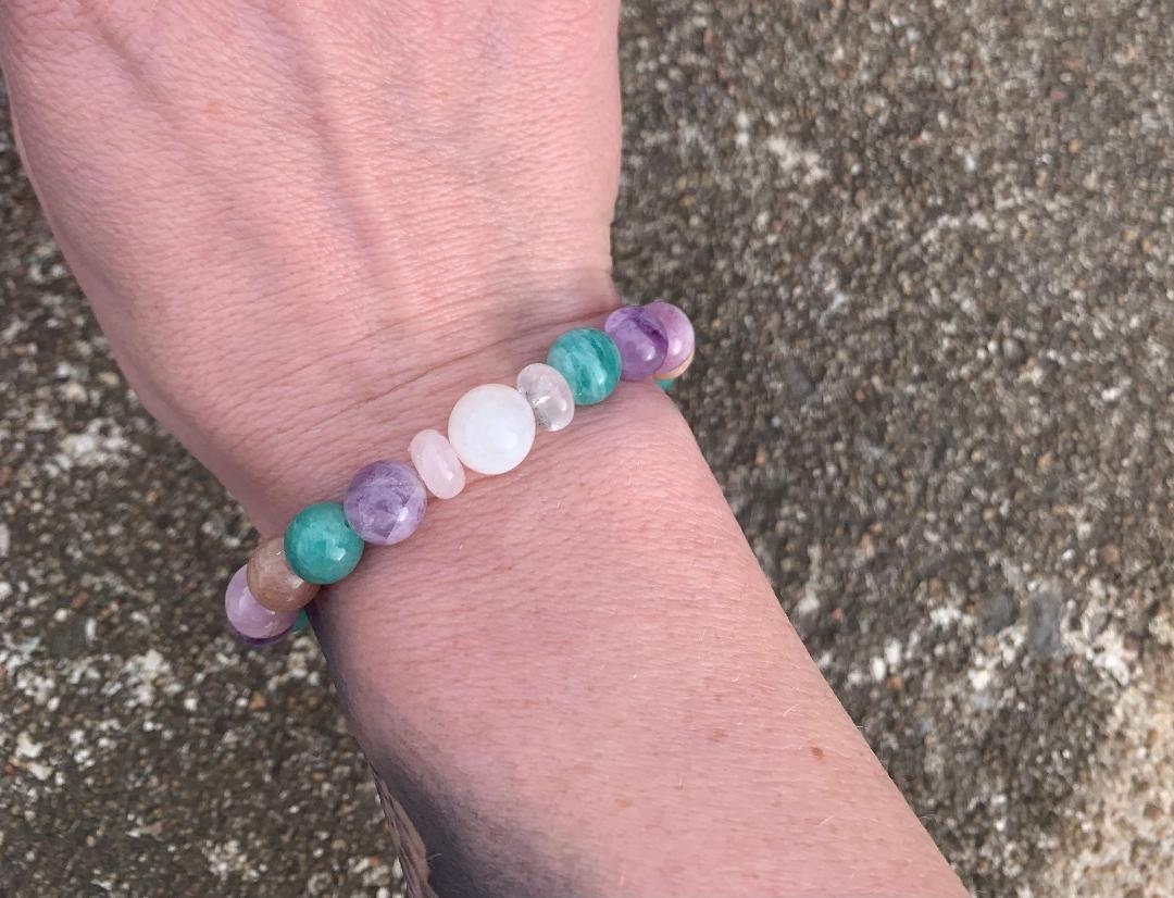 Calming Energy - Stress Anxiety Support " Fairy Moon " Protection - AAA Kunzite - Amazonite - Moonstone - Fluorite Crystal Gemstone Bracelet