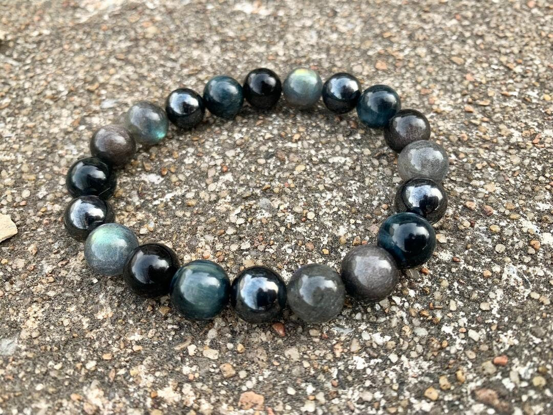 10MM Self Empowerment - Strength & Courage " You are the Universe " AAA Blue Tigers Eye - Labradorite - Obsidian Crystal Gemstone Bracelet