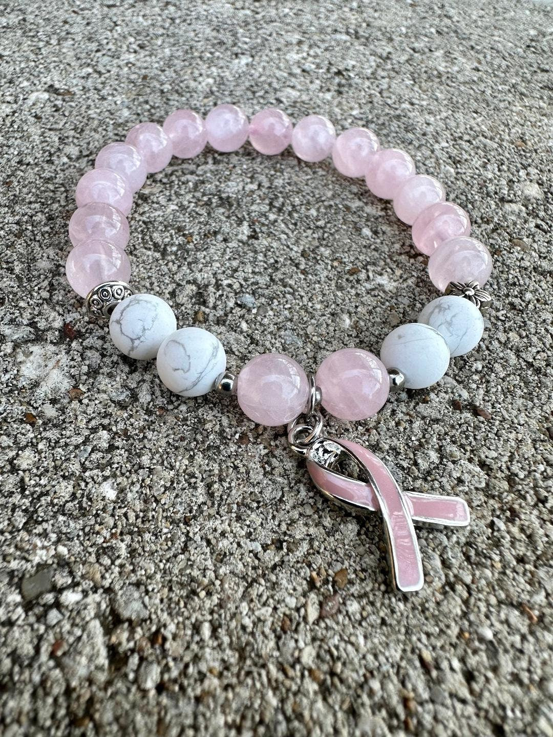 Breast Cancer Awareness Support and Healing " Forever Strong " REAL AAA Rose Quartz White Howlite Crystal Therapy Bracelet