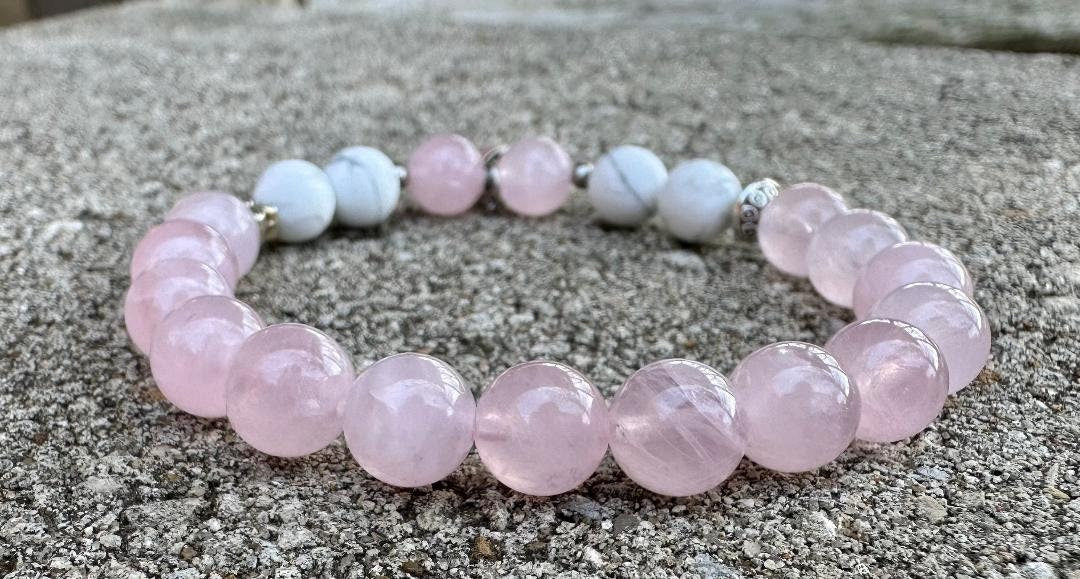 Breast Cancer Awareness Support and Healing " Forever Strong " REAL AAA Rose Quartz White Howlite Crystal Therapy Bracelet