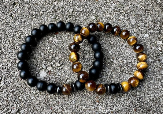 Distance Bracelets " Perfectly Imperfect Stones " Couples Friendship Family - Crystal Healing & Spiritual Connection - Tigers Eye - Onyx