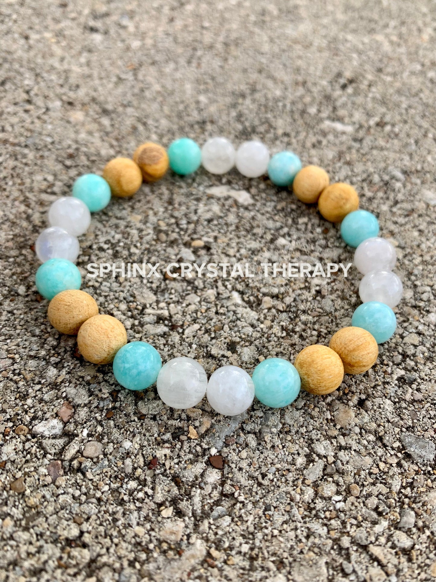 Inner Peace " Goddess of Harmony " Communication & Self Expression - AAA Moonstone - Amazonite - Palo Santo Gemstone Crystal Bracelet