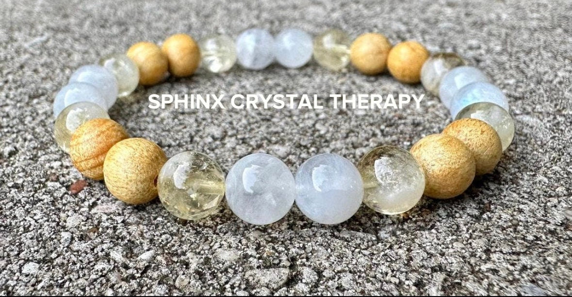 Divine Will " Goddess of Sunshine " Self Expression & Creativity - AAA Moonstone - Citrine - Palo Santo Gemstone Crystal Bracelet