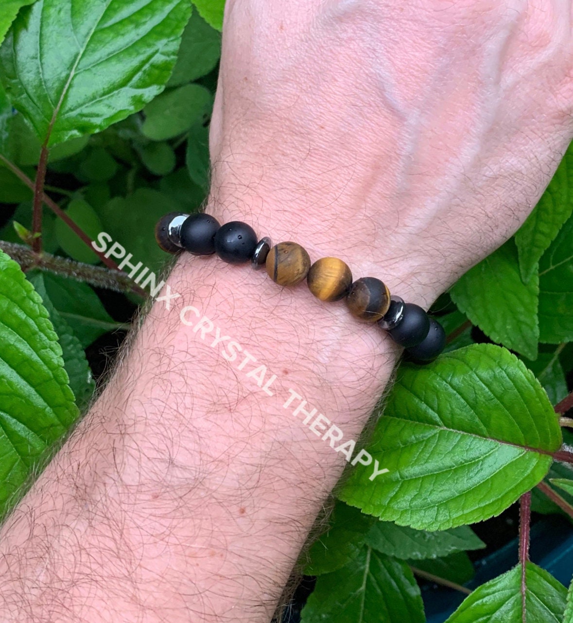 MENS 10MM Anxiety Support  - Strong Protection " Battle Ropes " Courage & Strength - Tigers Eye - Onyx - Crystal Healing Gemstone Bracelet