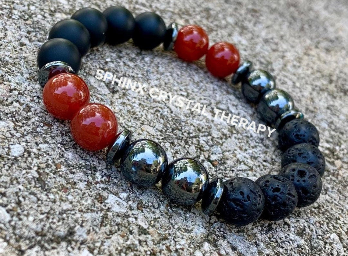 MENS 10mm Mental Strength & Courage " The Forge " High Quality Gemstones - Black Onyx / Carnelian - Crystal Healing Confidence Bracelet
