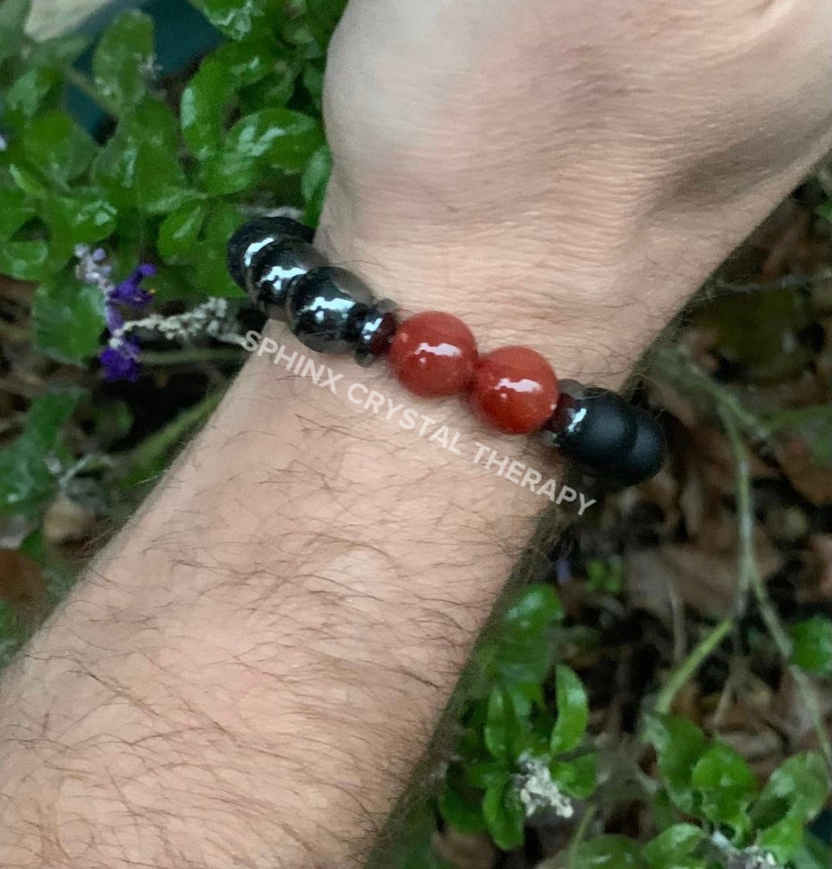 MENS 10mm Mental Strength & Courage " The Forge " High Quality Gemstones - Black Onyx / Carnelian - Crystal Healing Confidence Bracelet