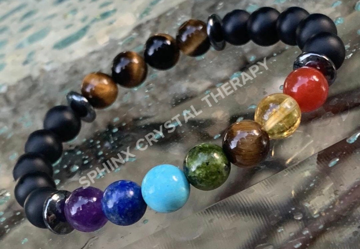 Chakra Balance - Anxiety Relief & Support - Strong Protection - Emotional Healing -  Tigers Eye - Onyx - REAL Crystal Gemstone Bracelet