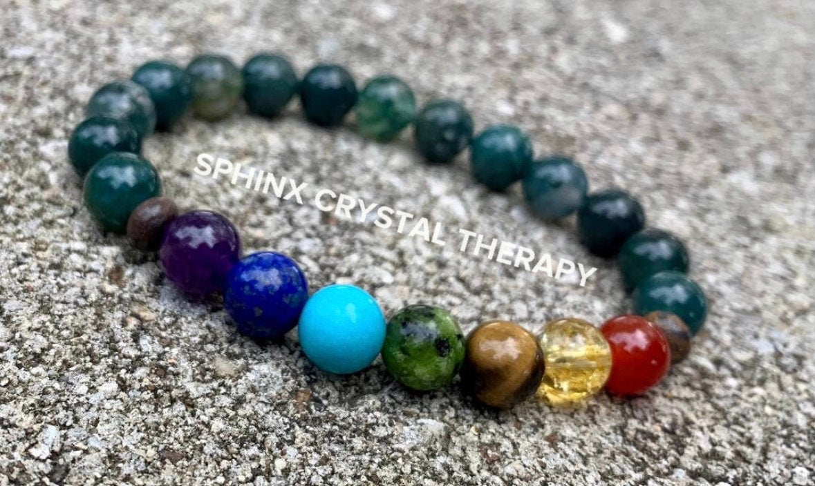 Concentration & Confidence - Chakra Balance - Stress Relief and Grounding  - Crystal Healing Gemstones - Moss Agate Bronzite Energy Bracelet