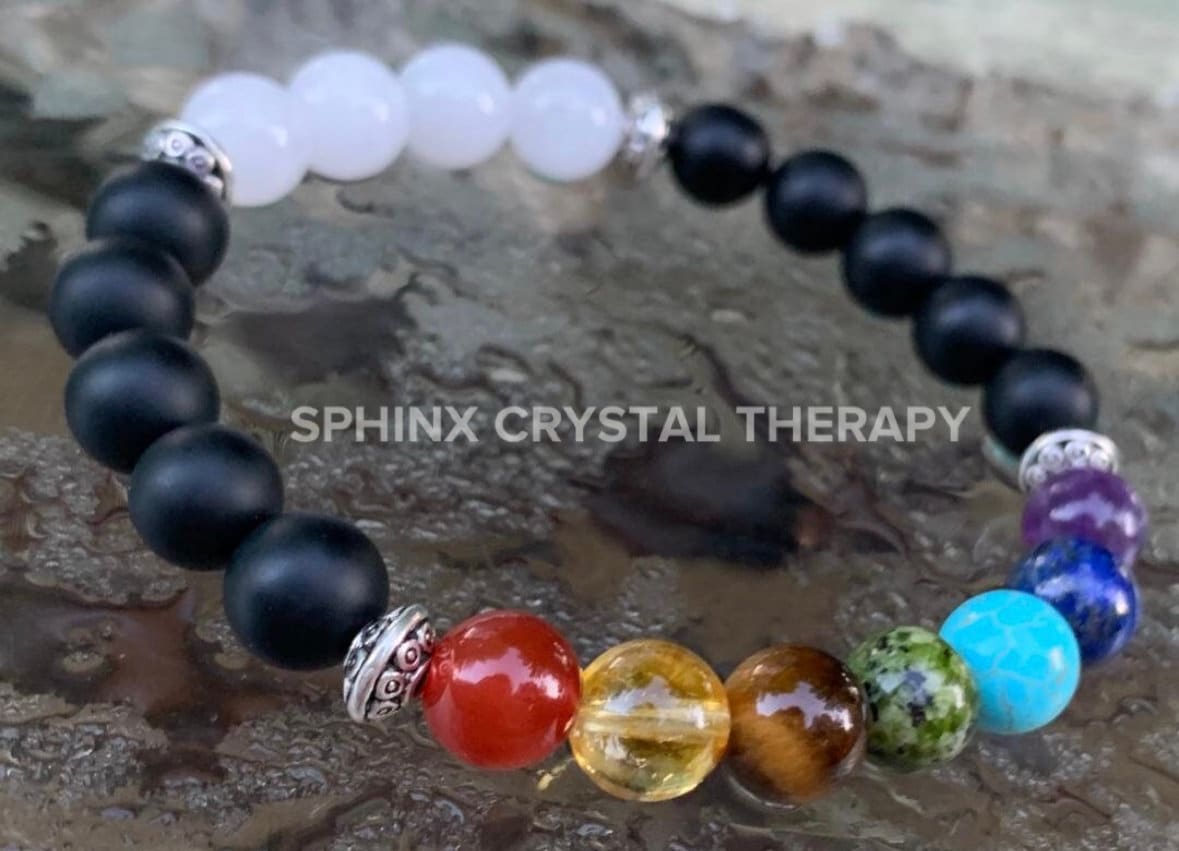 Chakra Balance - Anxiety Relief & Stress Support - Emotional Healing -  Calming White Jade - Onyx Protection - Crystal Gemstone Bracelet