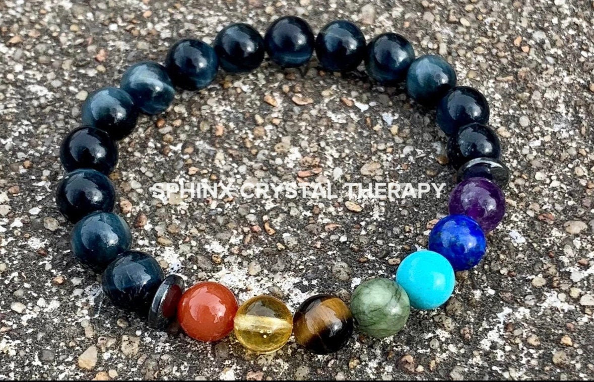 Protection - Intuition - Strength & Confidence - Chakra Balance - Mental Stability AAA Hawks Eye Gemstones - Blue Tigers Eye Stone Bracelet