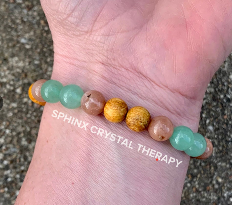 Prosperity " Goddess of Vitality " Stress & Emotional support - Heart Chakra - Moonstone - Aventurine - Palo Santo Gemstone Crystal Bracelet