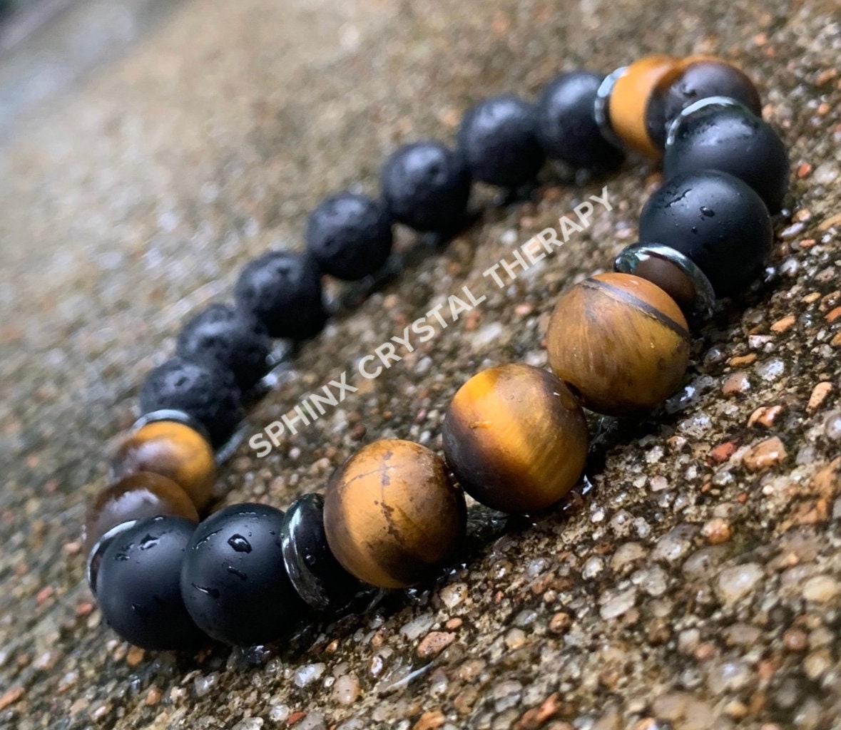 MENS 10MM Anxiety Support  - Strong Protection " Battle Ropes " Courage & Strength - Tigers Eye - Onyx - Crystal Healing Gemstone Bracelet