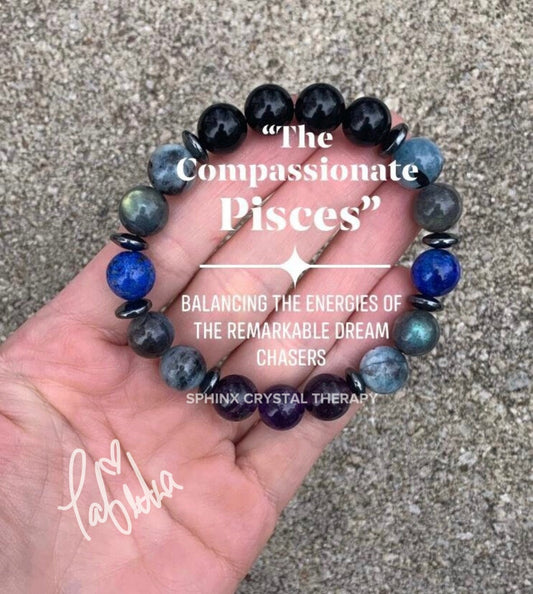 10MM Pisces Energy Bracelet - Zodiac Horoscope "The Compassionate Pisces" February March Birthday - High Grade Gemstones & Crystals
