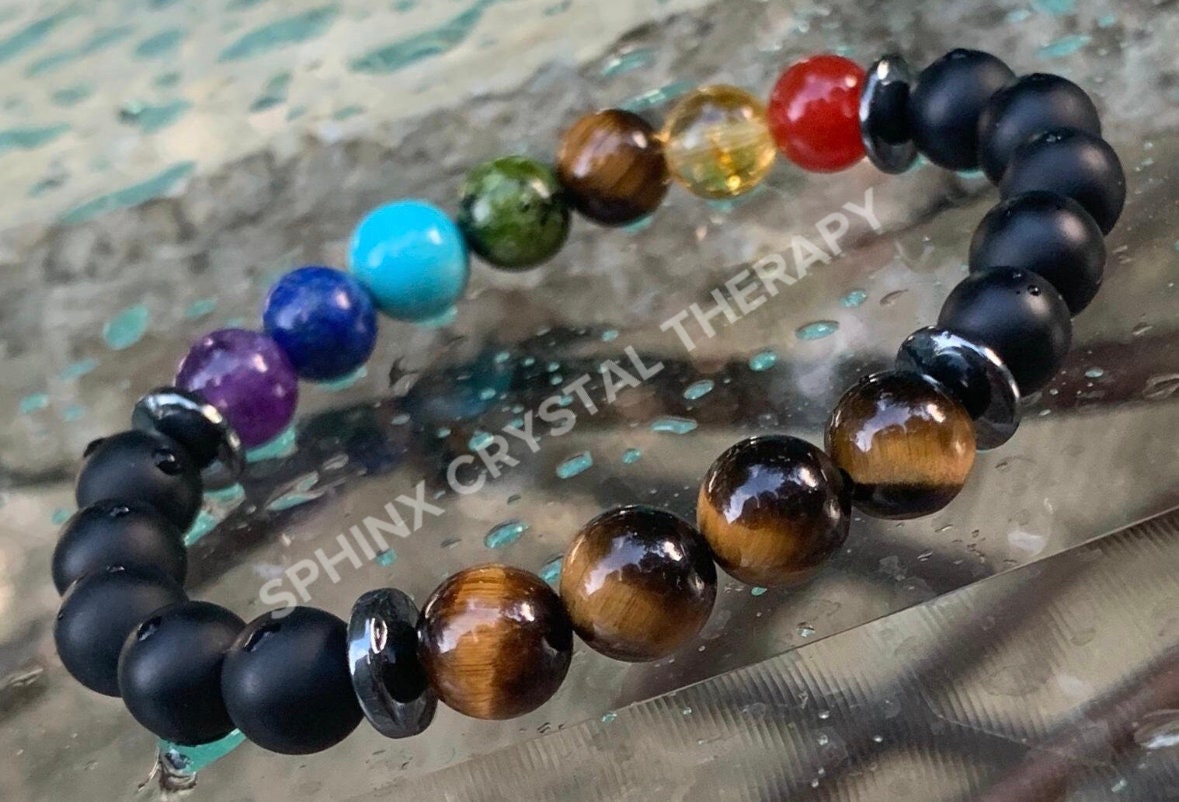 Chakra Balance - Anxiety Relief & Support - Strong Protection - Emotional Healing -  Tigers Eye - Onyx - REAL Crystal Gemstone Bracelet