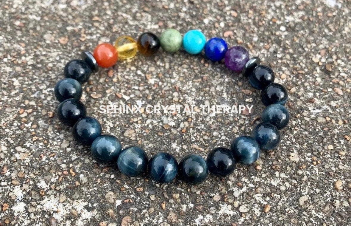Protection - Intuition - Strength & Confidence - Chakra Balance - Mental Stability AAA Hawks Eye Gemstones - Blue Tigers Eye Stone Bracelet
