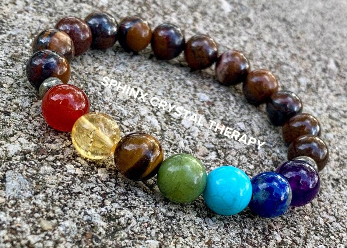 10mm Strength and Stamina - Balance Chakra Energies - Courage and Willpower -  Tiger Iron & Pyrite - Crystal Healing Gemstone Bracelet