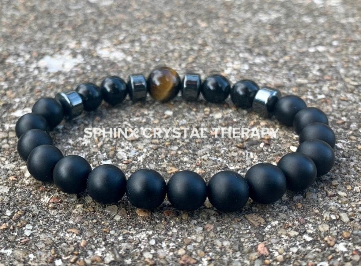 EMF Protection - Strength & Courage " The Warrior's Battle Cry " AAA Shungite - Tigers Eye - Onyx - Anxiety Support - REAL Gemstone Bracelet