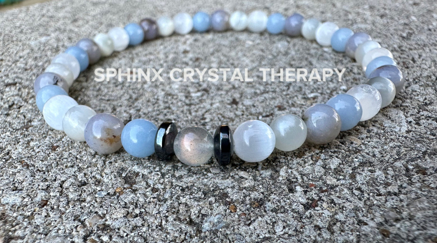 Emotional Healing - Grief & Depression Support " Angel in the Mist " AAA RARE Blue Rose Quartz - Moonstone - Angelite - Selenite - Anklet