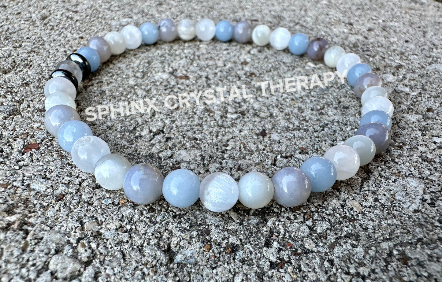 Emotional Healing - Grief & Depression Support " Angel in the Mist " AAA RARE Blue Rose Quartz - Moonstone - Angelite - Selenite - Anklet