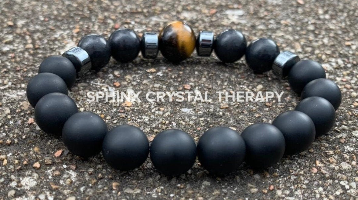 MENS 10MM EMF Protection - Strength & Courage " A Warrior's Battle Cry " AAA Shungite - Tigers Eye - Onyx - Real Crystal Gemstone Bracelet