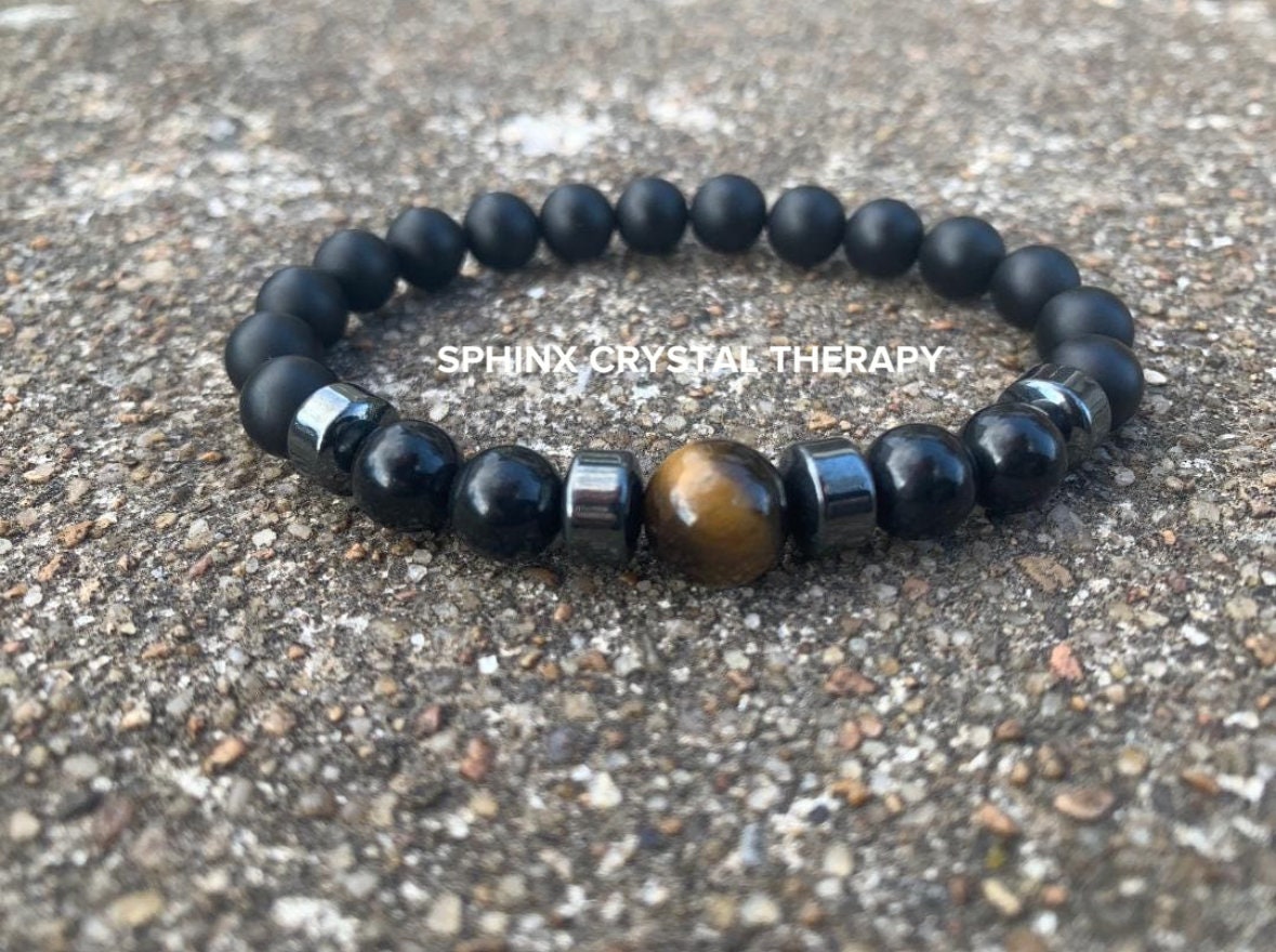 EMF Protection - Strength & Courage " The Warrior's Battle Cry " AAA Shungite - Tigers Eye - Onyx - Anxiety Support - REAL Gemstone Bracelet