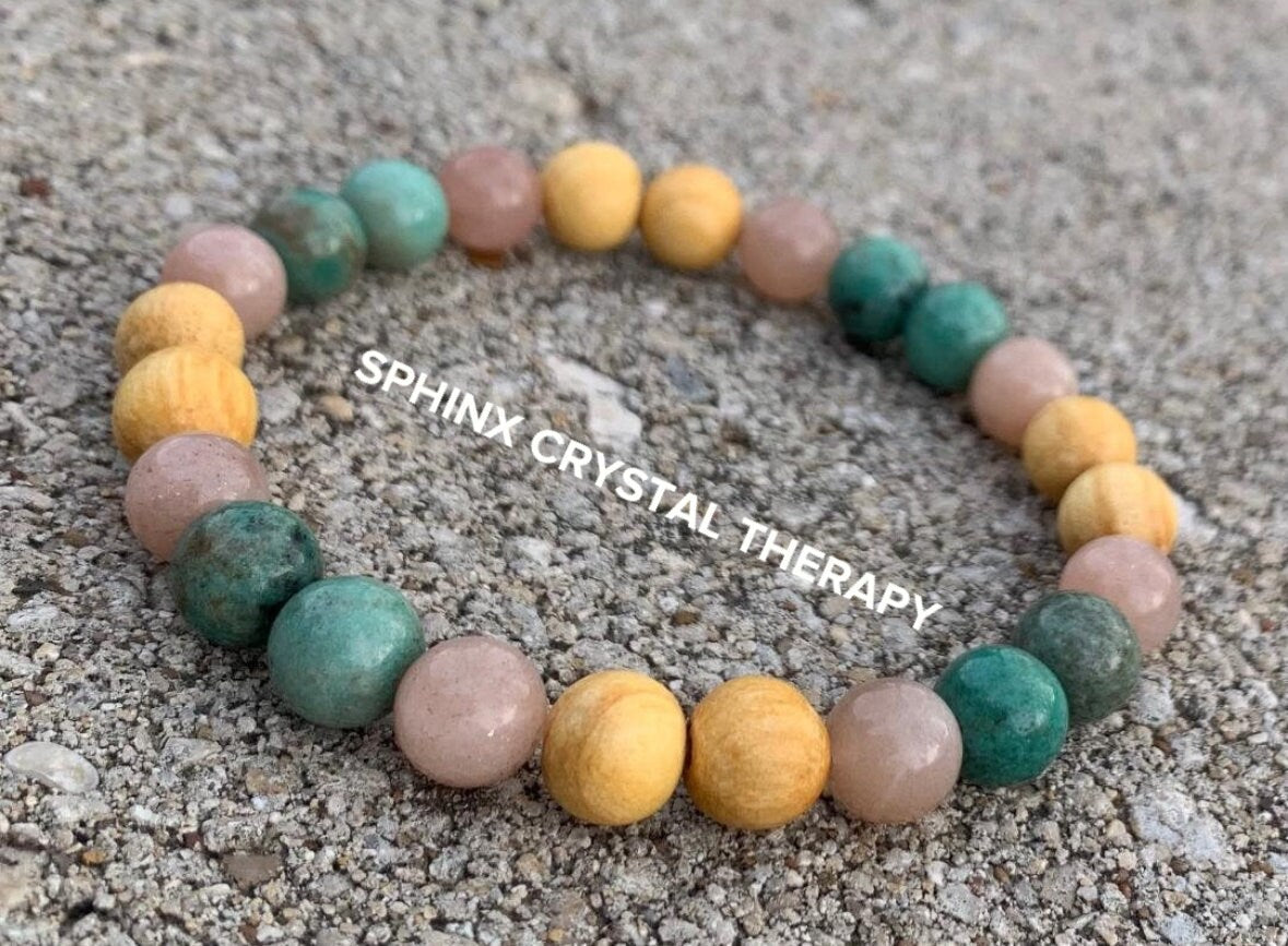 Grace Self Love " Goddess of Compassion " Emotional support - Heart Chakra - Moonstone - Chrysoprase - Palo Santo Gemstone Crystal Bracelet