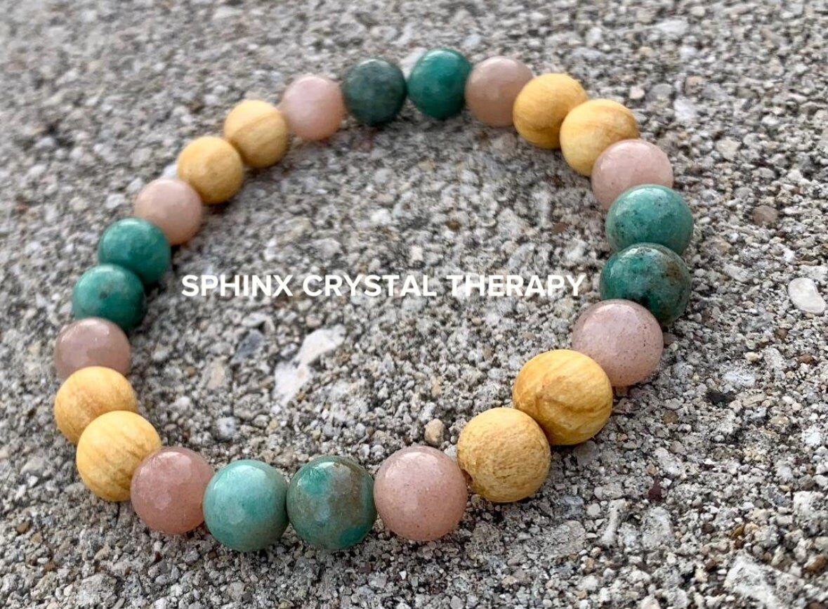 Grace Self Love " Goddess of Compassion " Emotional support - Heart Chakra - Moonstone - Chrysoprase - Palo Santo Gemstone Crystal Bracelet