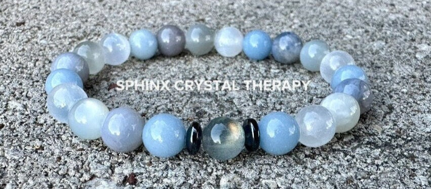 Emotional Healing - Grief & Depression Support " Angel in the Mist " AAA RARE Blue Rose Quartz - Moonstone - Angelite - Selenite - Bracelet