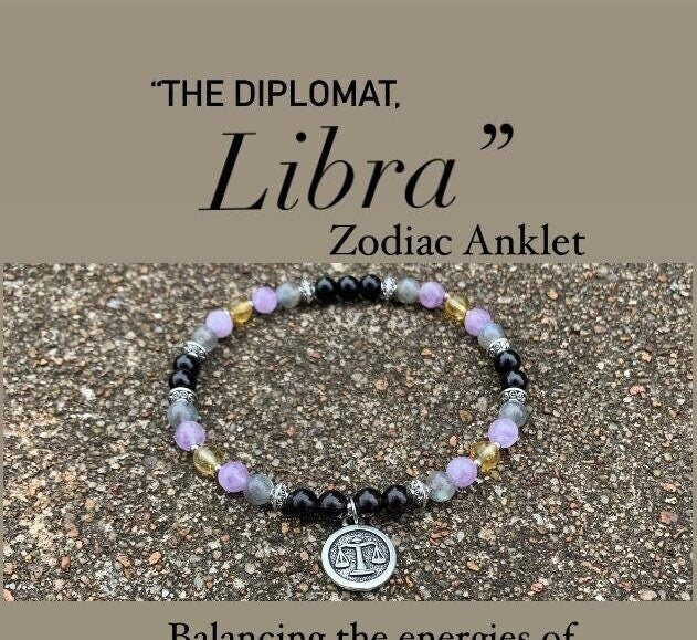 Libra Energy Anklet " The Diplomat , Libra " September October Birthday - Zodiac - AAA Labradorite - Citrine - Amethyst - Crystal Gemstones