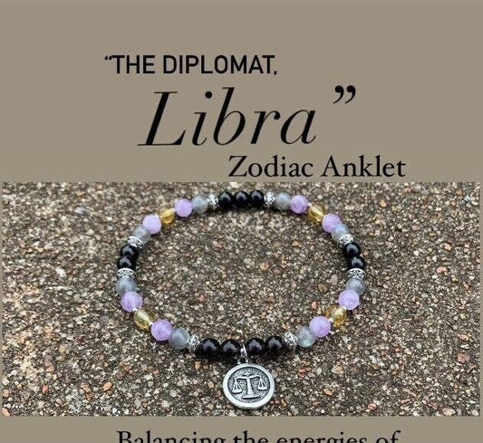 Libra Energy Anklet " The Diplomat , Libra " September October Birthday - Zodiac - AAA Labradorite - Citrine - Amethyst - Crystal Gemstones