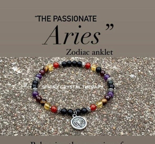 Aries Energy Anklet - Zodiac Horoscope " The Passionate Aries " March April Birthday - REAL Quality AAA Gemstones - Crystal Healing Bracelet