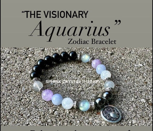 Aquarius Energy - Zodiac Astrology Bracelet " The Visionary, Aquarius " January February Birthday - Crystal Healing Gemstone Bracelet