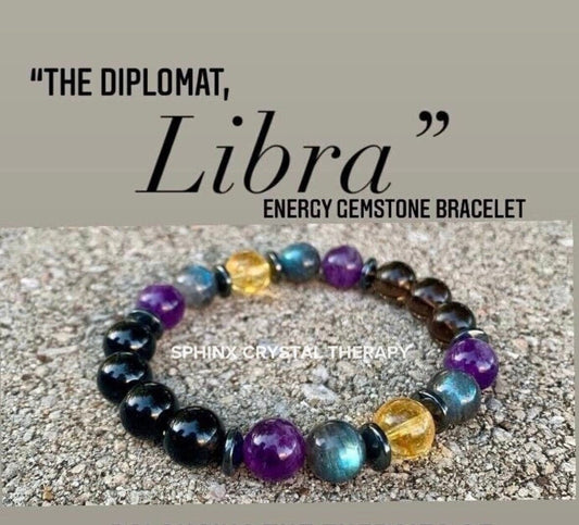 10MM Libra Energy - Unisex Zodiac Horoscope Bracelet - "The Diplomat, Libra" September October Birthday - Real Crystal Healing Gemstones