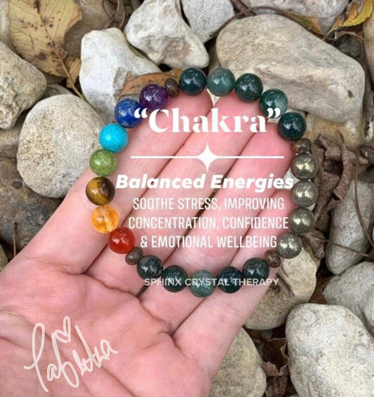 Confidence & Focus - Chakra Energy Balance - Protection and Grounding - Crystal Healing Gemstones - Moss Agate Bronzite Pyrite Bracelet