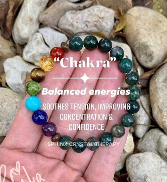 Concentration & Confidence - Chakra Balance - Stress Relief and Grounding  - Crystal Healing Gemstones - Moss Agate Bronzite Energy Bracelet