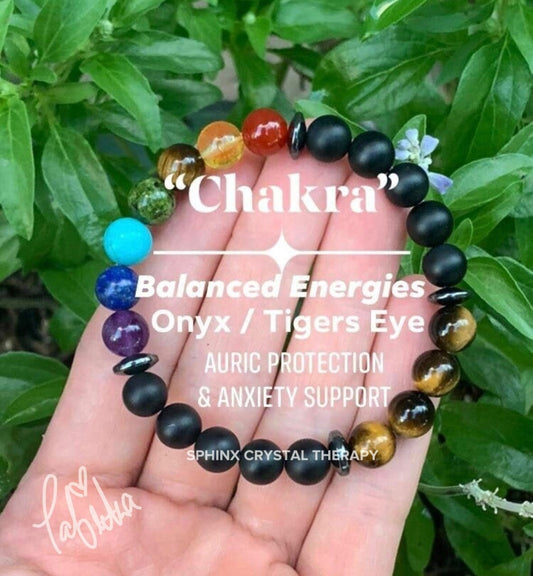 Chakra Balance - Anxiety Relief & Support - Strong Protection - Emotional Healing -  Tigers Eye - Onyx - REAL Crystal Gemstone Bracelet