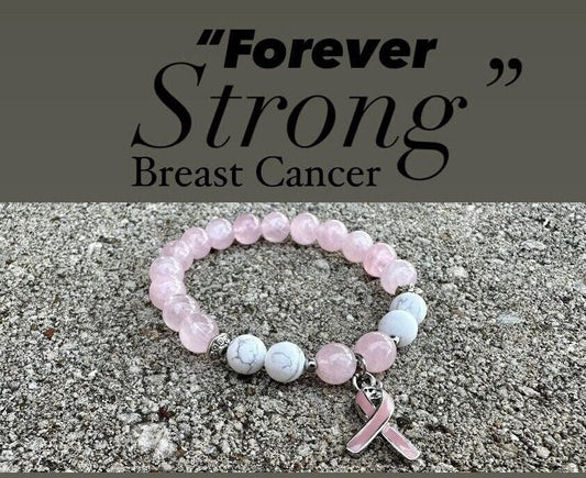 Breast Cancer Awareness Support and Healing " Forever Strong " REAL AAA Rose Quartz White Howlite Crystal Therapy Bracelet