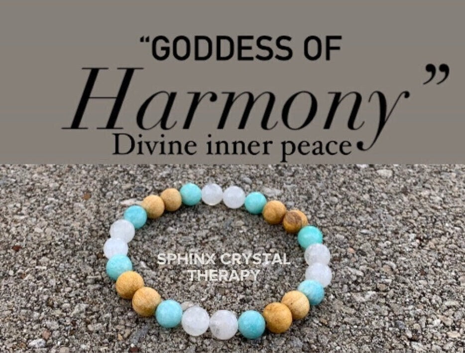 Inner Peace " Goddess of Harmony " Communication & Self Expression - AAA Moonstone - Amazonite - Palo Santo Gemstone Crystal Bracelet
