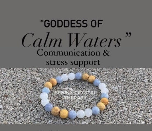 Stress Anxiety Support " Goddess of Calm Waters " Communication & Self Expression - AAA Moonstone - Palo Santo - Aquamarine Crystal Bracelet