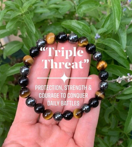 Protection Bracelet - Strength - Courage " Triple Threat " Aura Shield - Confidence - Anxiety Relief  - Crystal Healing Negativity Protector